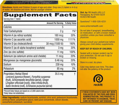 Airborne 1000mg Vitamin C with Vitamin D & Zinc - Sugar Free Effervescent Tablets for Immune Support, Very Berry Flavour with Antioxidants A, C, E - 30 Tablets (Pack of 2)