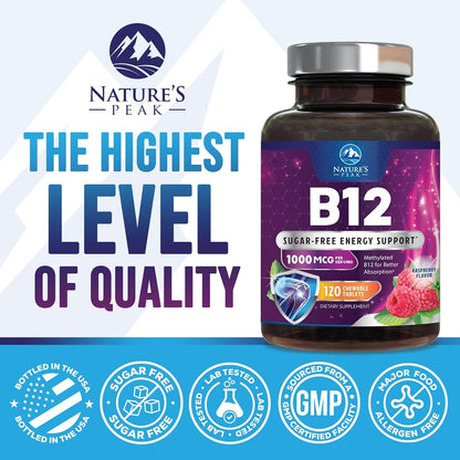 Vitamin B12 Complex (Methylcobalamin) 1000 mcg - Triple Strength B12 Supplement for Energy & Nervous System Support - Vegan, Sugar-Free, Berry Flavour - 120 Chewable Tablets