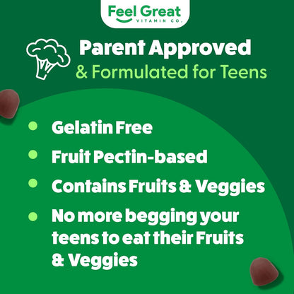 Feel Great Super Green Gummies Teen Vitamins - Vegan Veggie Gummy Multivitamin for Teenagers - 60 Count
