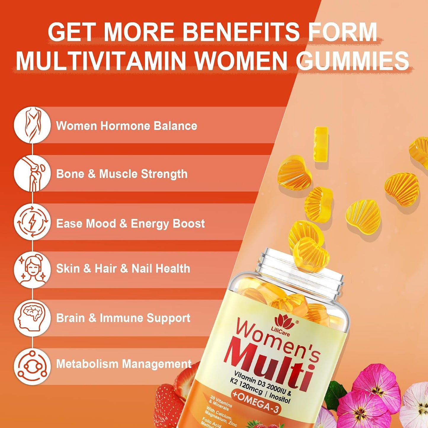 LILICARE Women's Multivitamin Gummy - Sugar-Free, Methylated B Complex, Omega-3 DHA/EPA, Vitamin D3+K2, 120 Count - görsel 3