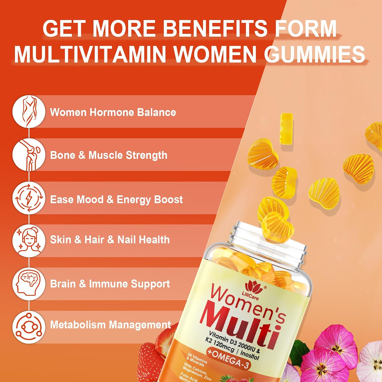 LILICARE Women's Multivitamin Gummy - Sugar-Free, Methylated B Complex, Omega-3 DHA/EPA, Vitamin D3+K2, 120 Count - görsel 3