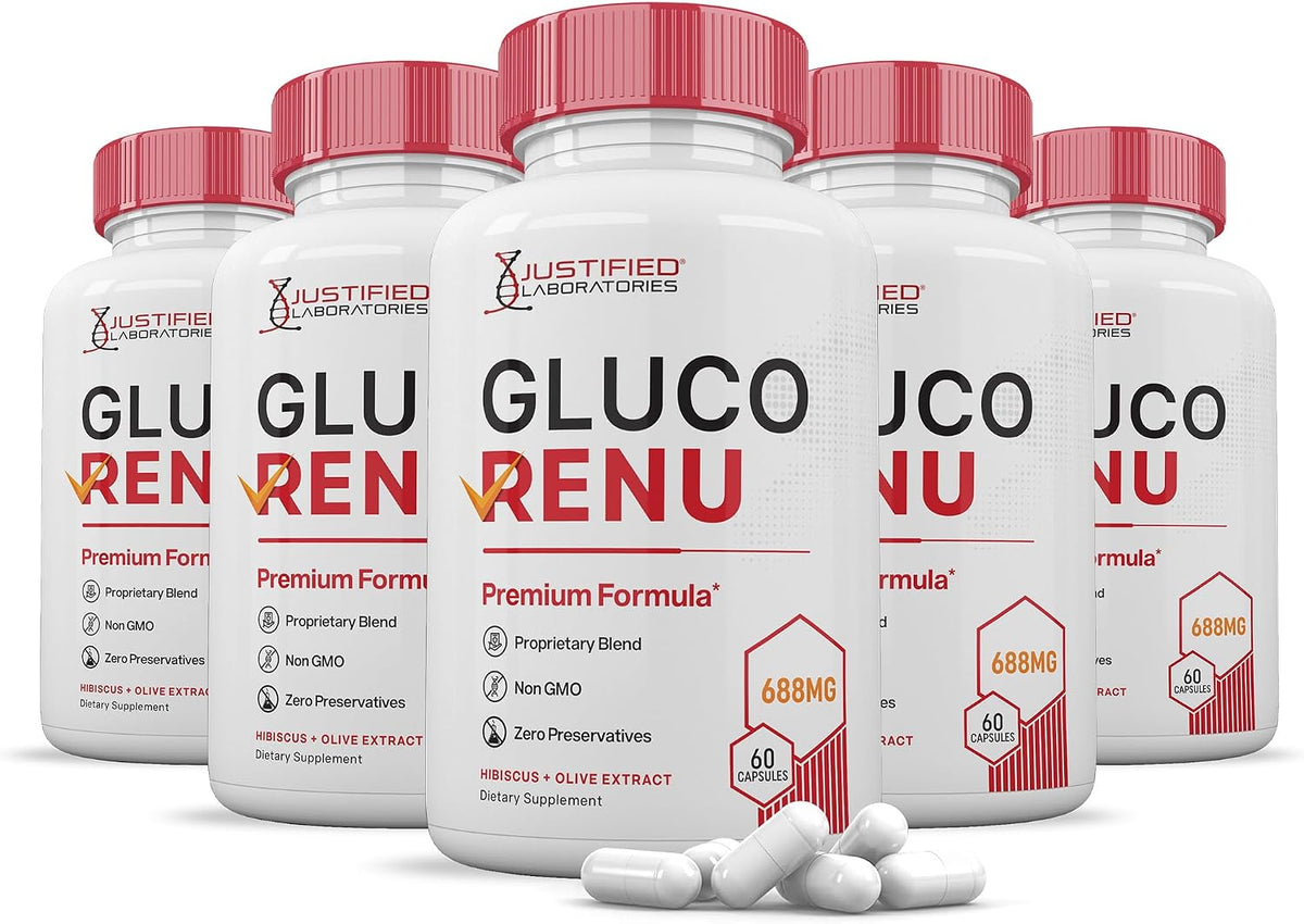 (5 Pack) Gluco Renu 688mg Glyco Support Capsules | Premium Herbal Formula with Hawthorn, Hibiscus, Garlic, Juniper Powder, Olive, and Green Tea Extract | 300 Capsules - görsel 1