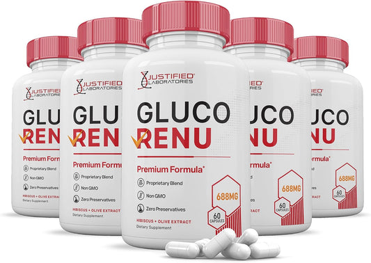 (5 Pack) Gluco Renu 688mg Glyco Support Capsules | Premium Herbal Formula with Hawthorn, Hibiscus, Garlic, Juniper Powder, Olive, and Green Tea Extract | 300 Capsules