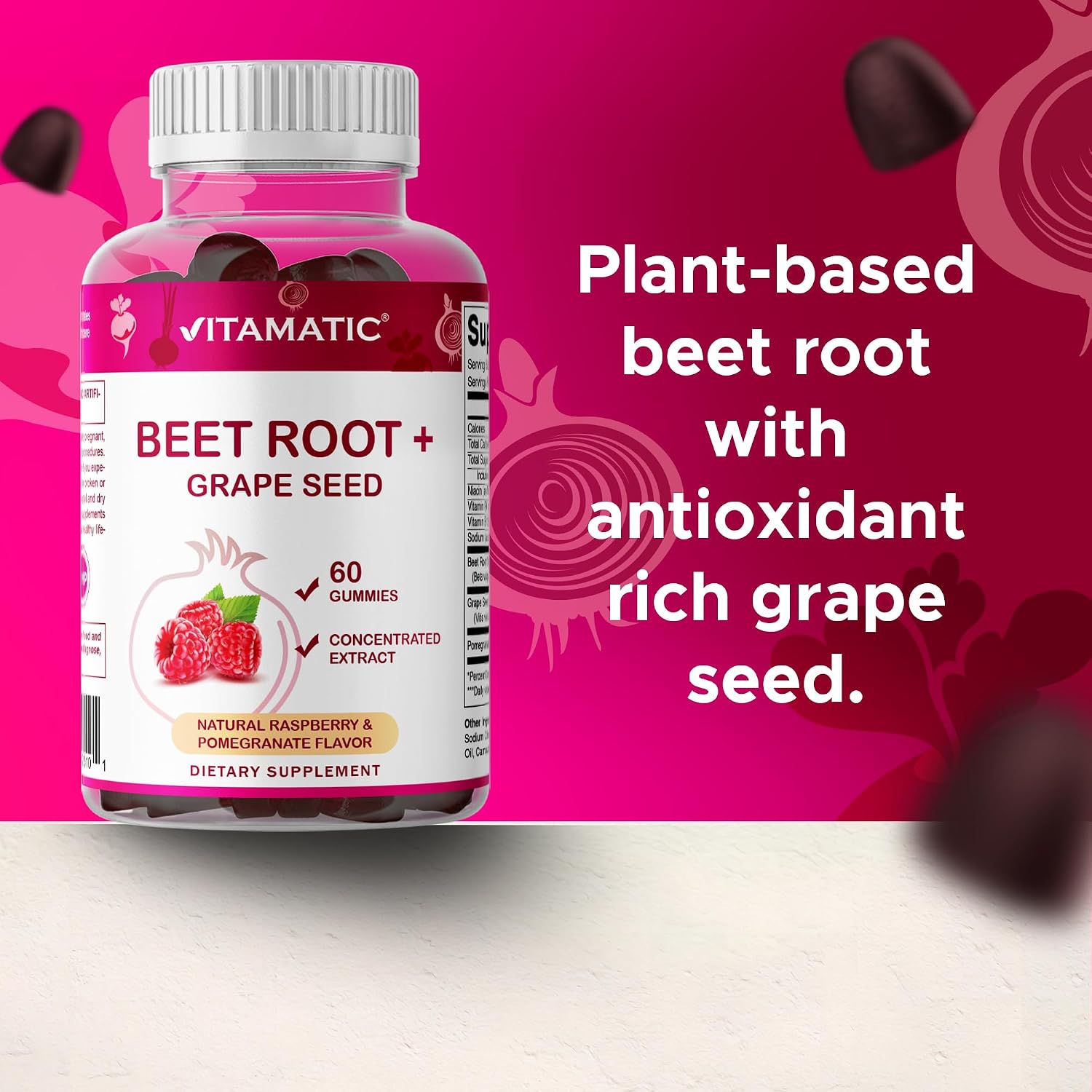 Vitamatic Beetroot Gummies with B6, B12, Grape Seed, Pomegranate & Nicotinamide - Vegan, Non-GMO, 60 Gummies - görsel 4