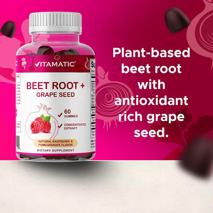 Vitamatic Beetroot Gummies with B6, B12, Grape Seed, Pomegranate & Nicotinamide - Vegan, Non-GMO, 60 Gummies