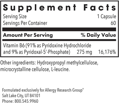 Allergy Research Group ARG Pyridoxine P5P - Active Vitamin B6 Supplement with P5P - 60 Capsules