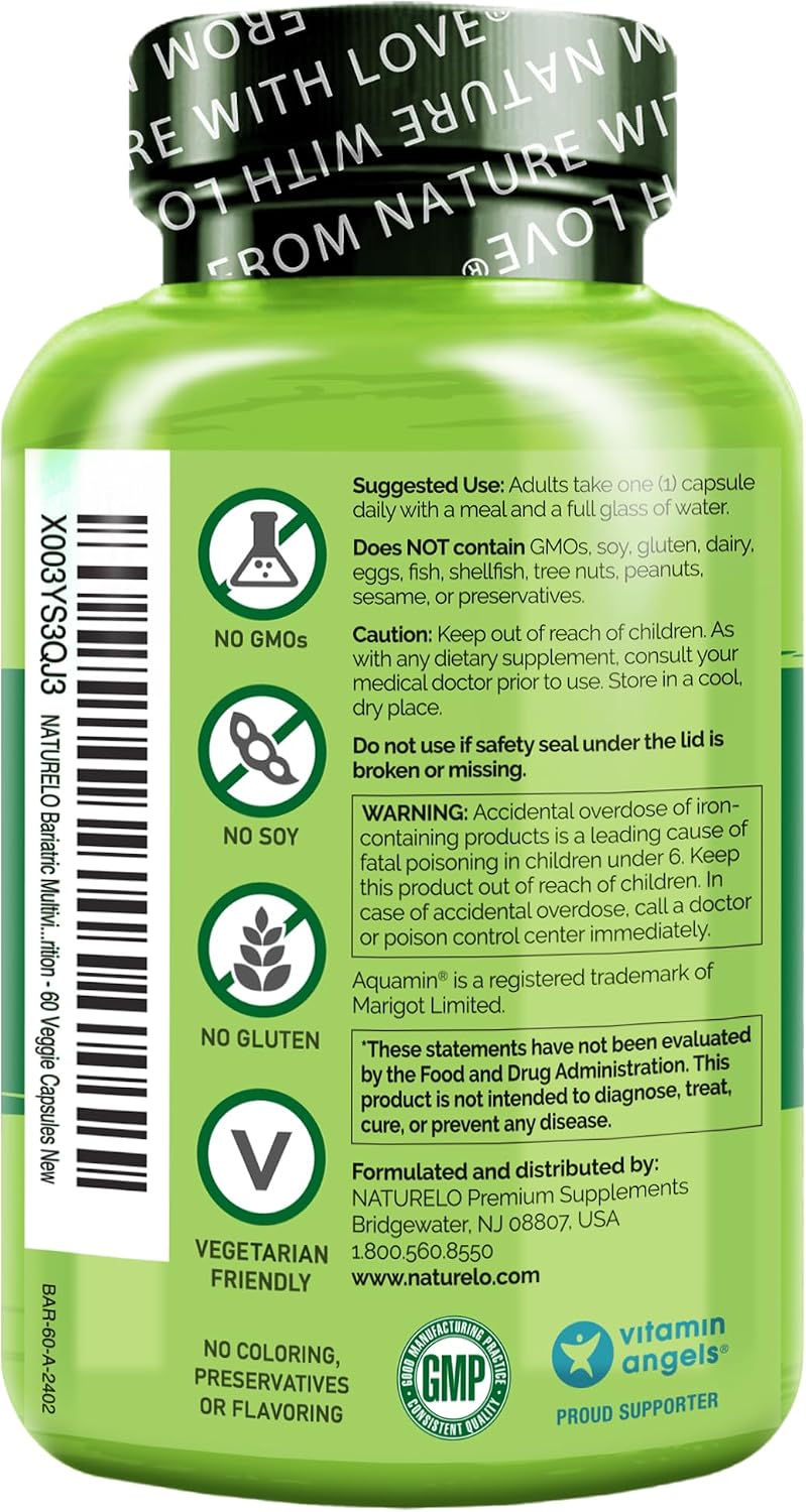 NATURELO Bariatric Multivitamin - One Daily with Iron - Post-Bariatric Surgery Supplement - Natural Whole Food Nutrition - 60 Veggie Capsules - görsel 7