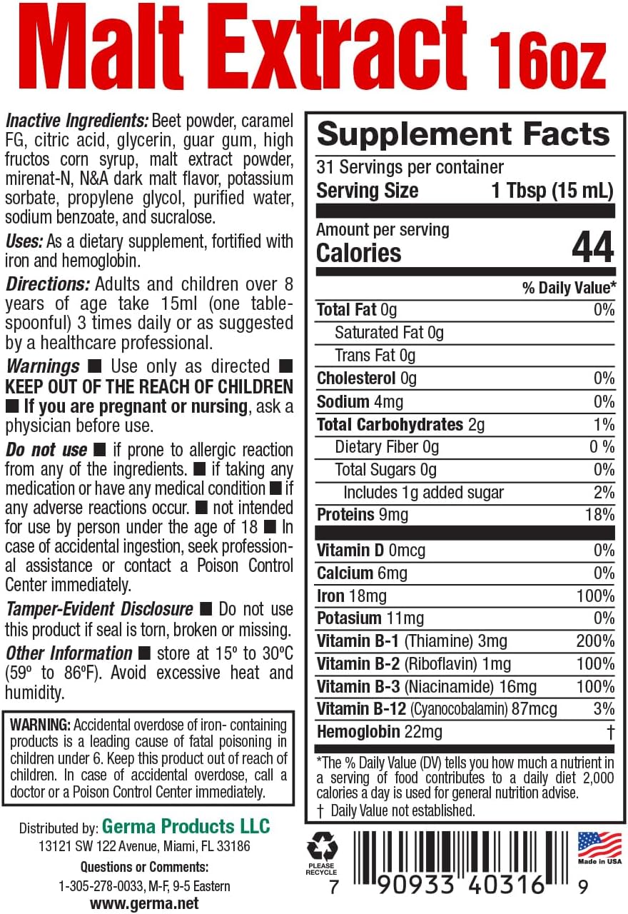 Germa Malt Extract (Extracto de Malta) – Liquid Dietary Supplement for Energy & Vitality – Rich in B-Vitamins & Essential Minerals – Traditional Nutritional Support – 473 ml - görsel 6