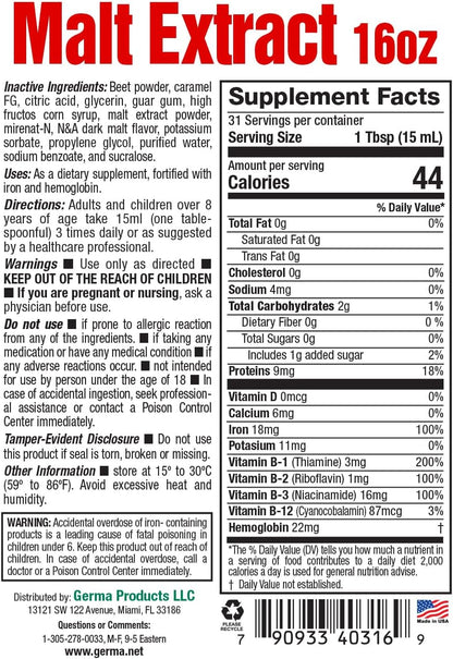 Germa Malt Extract (Extracto de Malta) – Liquid Dietary Supplement for Energy & Vitality – Rich in B-Vitamins & Essential Minerals – Traditional Nutritional Support – 473 ml