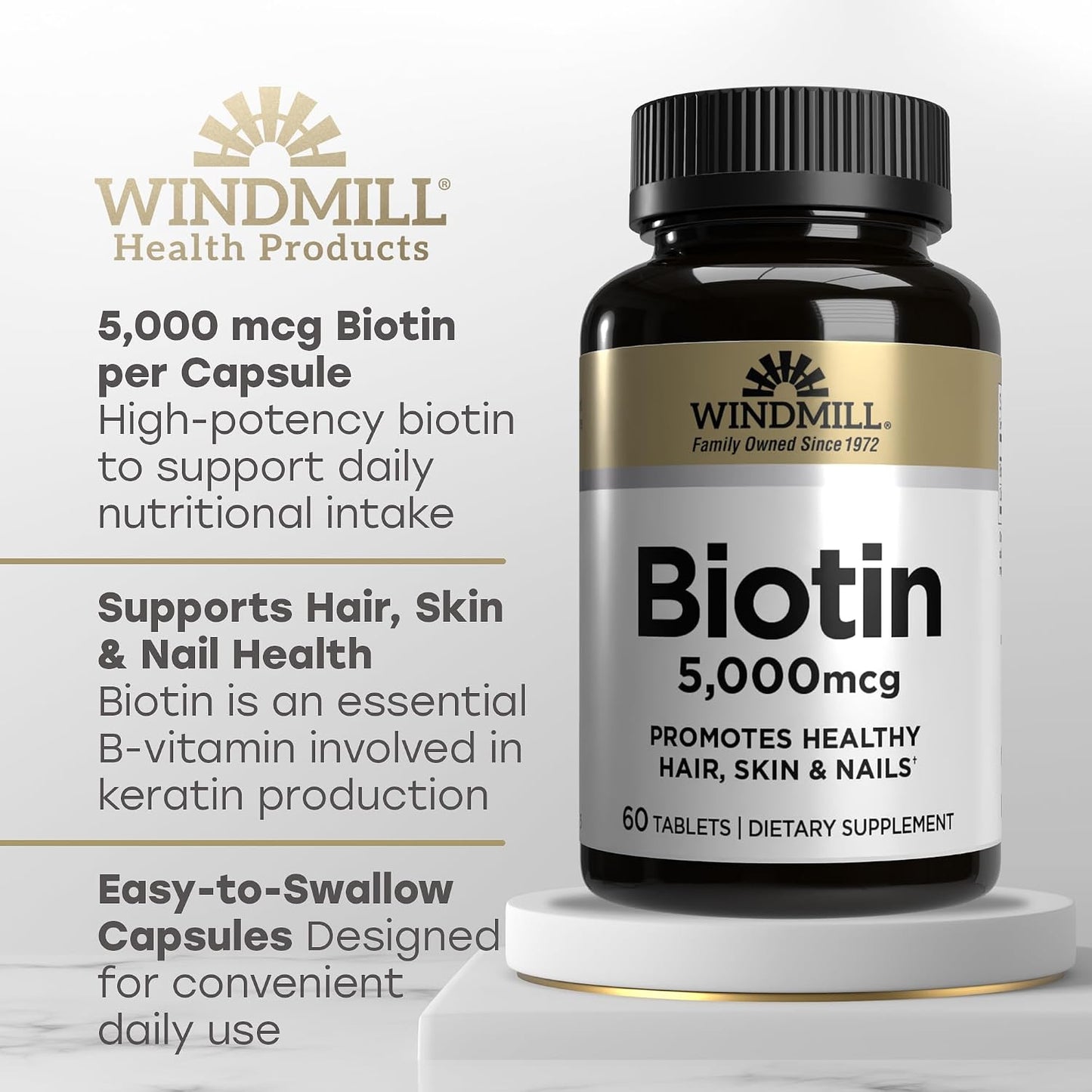 Windmill Natural Vitamins Biotin 5000 mcg, Supports Healthy Hair, Skin and Nails, 60 Tablets - görsel 3