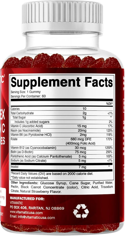 Vitamatic Vitamin B Complex Gummies with Vitamin C & Inositol - Natural Strawberry Flavour - 60 Gummies