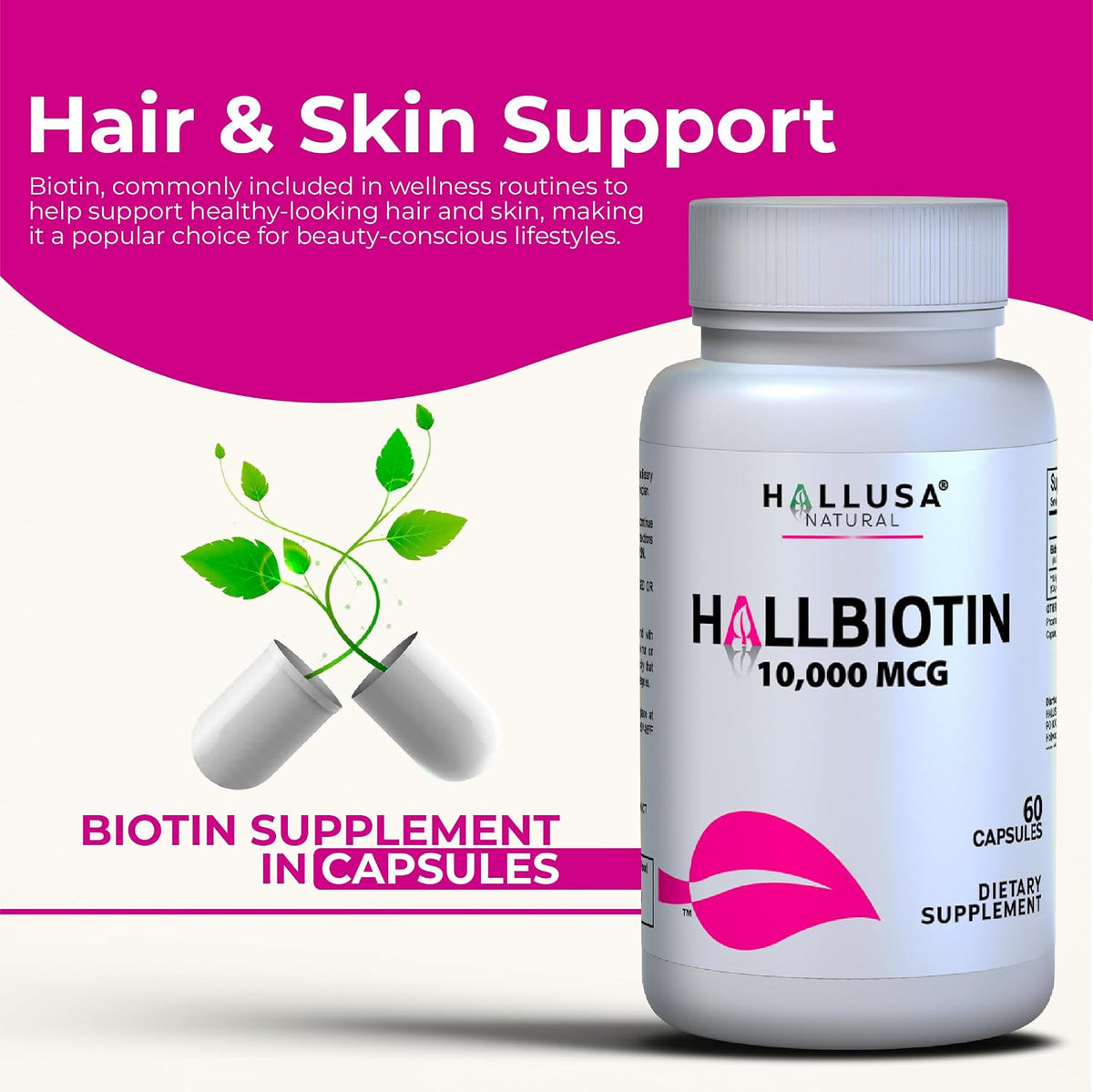 Hallusa Natural Biotin 10,000mcg, 60 Capsules - görsel 5
