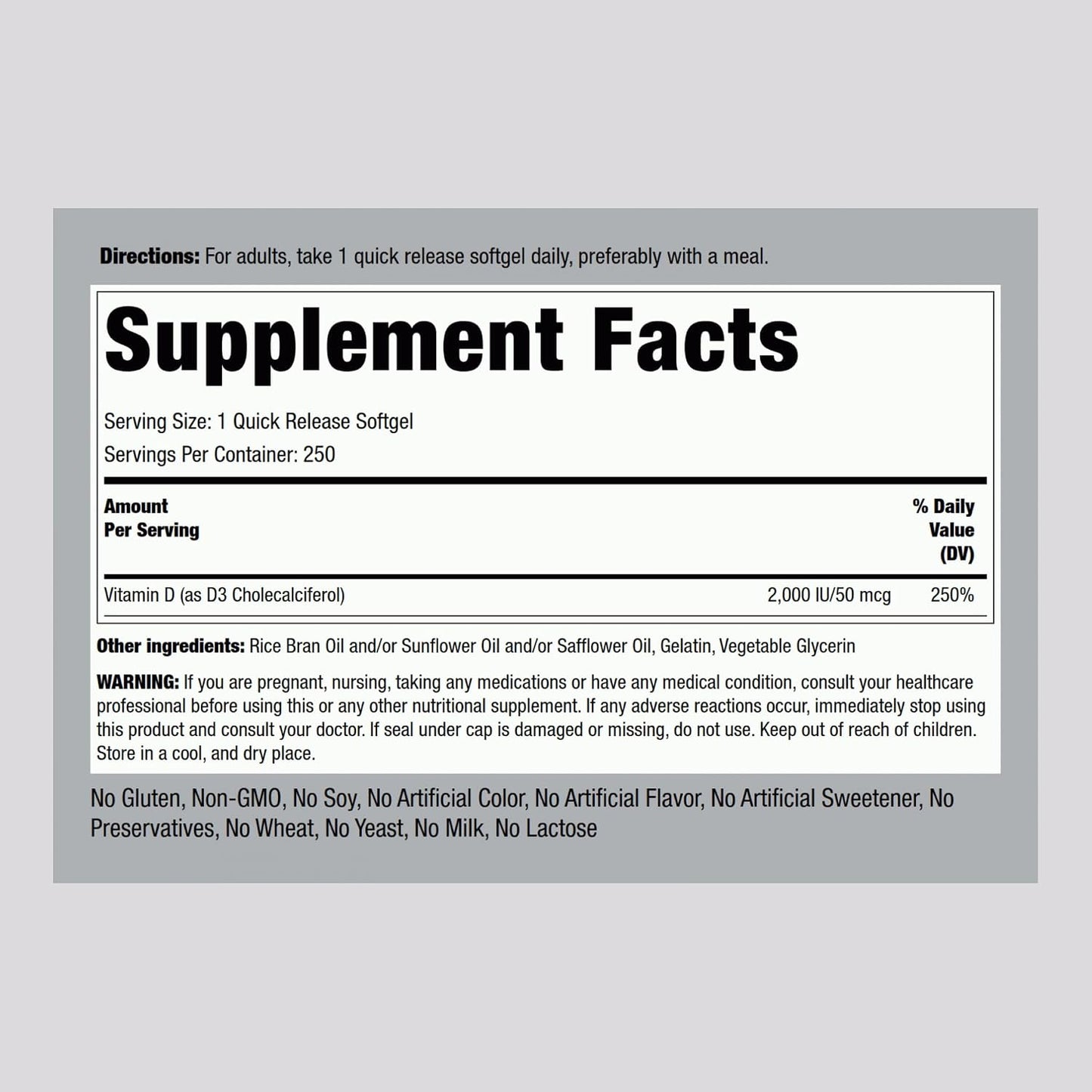 Piping Rock Vitamin D3 2000 IU | 250 Softgels | High Potency | Cholecalciferol Supplement | Non-GMO, Gluten-free - görsel 2