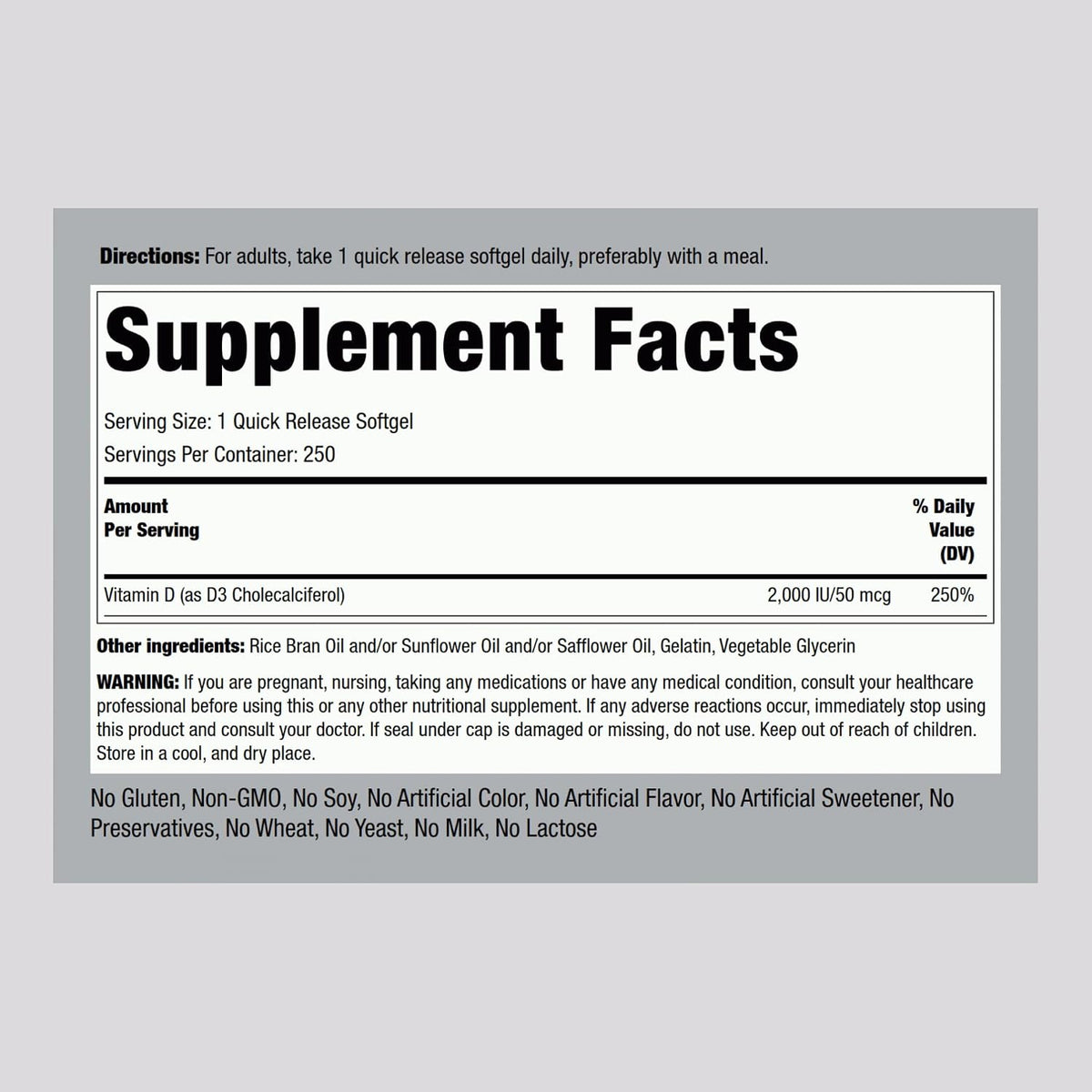 Piping Rock Vitamin D3 2000 IU | 250 Softgels | High Potency | Cholecalciferol Supplement | Non-GMO, Gluten-free - görsel 2