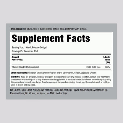 Piping Rock Vitamin D3 2000 IU | 250 Softgels | High Potency | Cholecalciferol Supplement | Non-GMO, Gluten-free