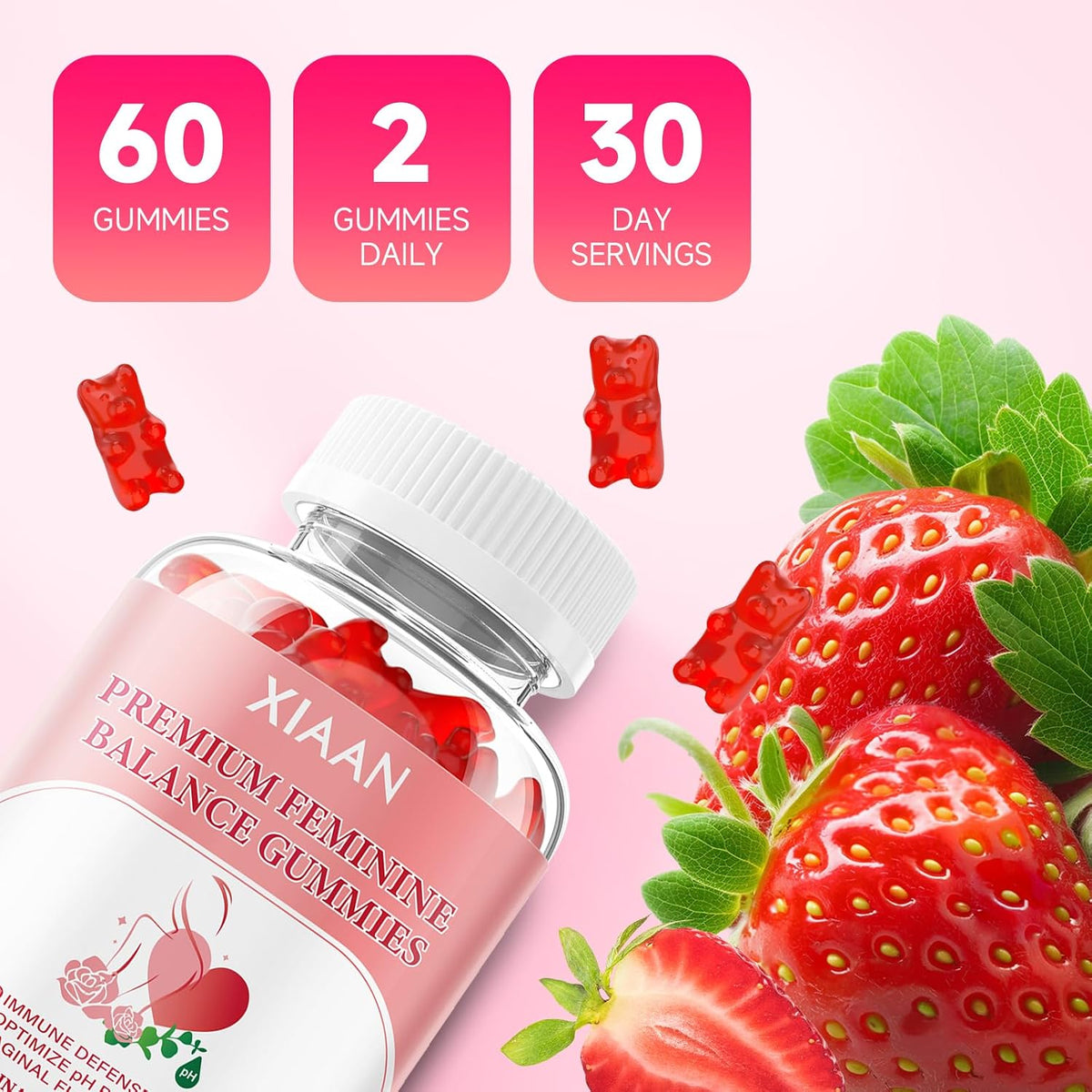 Feminine Balance Gummies for Women | with Probiotics & Vitamin C | Vegan, Gluten-free, Strawberry Flavour | 60 Gummies - görsel 7