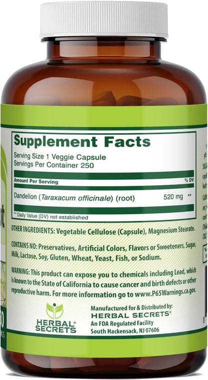 Herbal Secrets Dandelion Root 520 mg Veg Capsules Supplement | Non-GMO | Gluten-free | Made in the USA (250 Count)