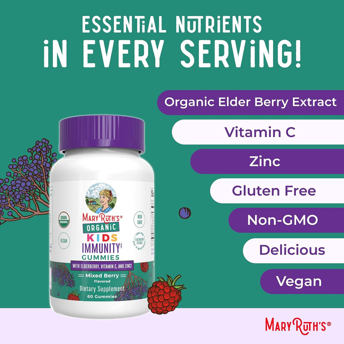 MaryRuth's Organics Children's Immune Support Gummies - USDA Organic Vitamin C, Zinc & Elderberry - 60 Gummies - görsel 7
