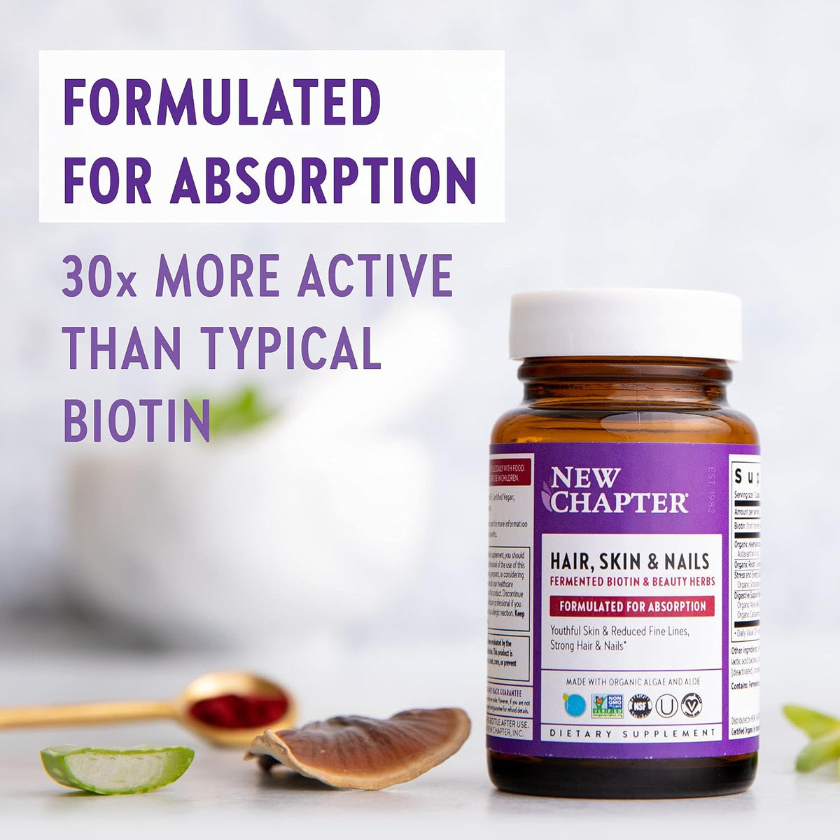 New Chapter Hair, Skin and Nails Vitamins with Fermented Biotin + Astaxanthin, 30 Capsules - görsel 5