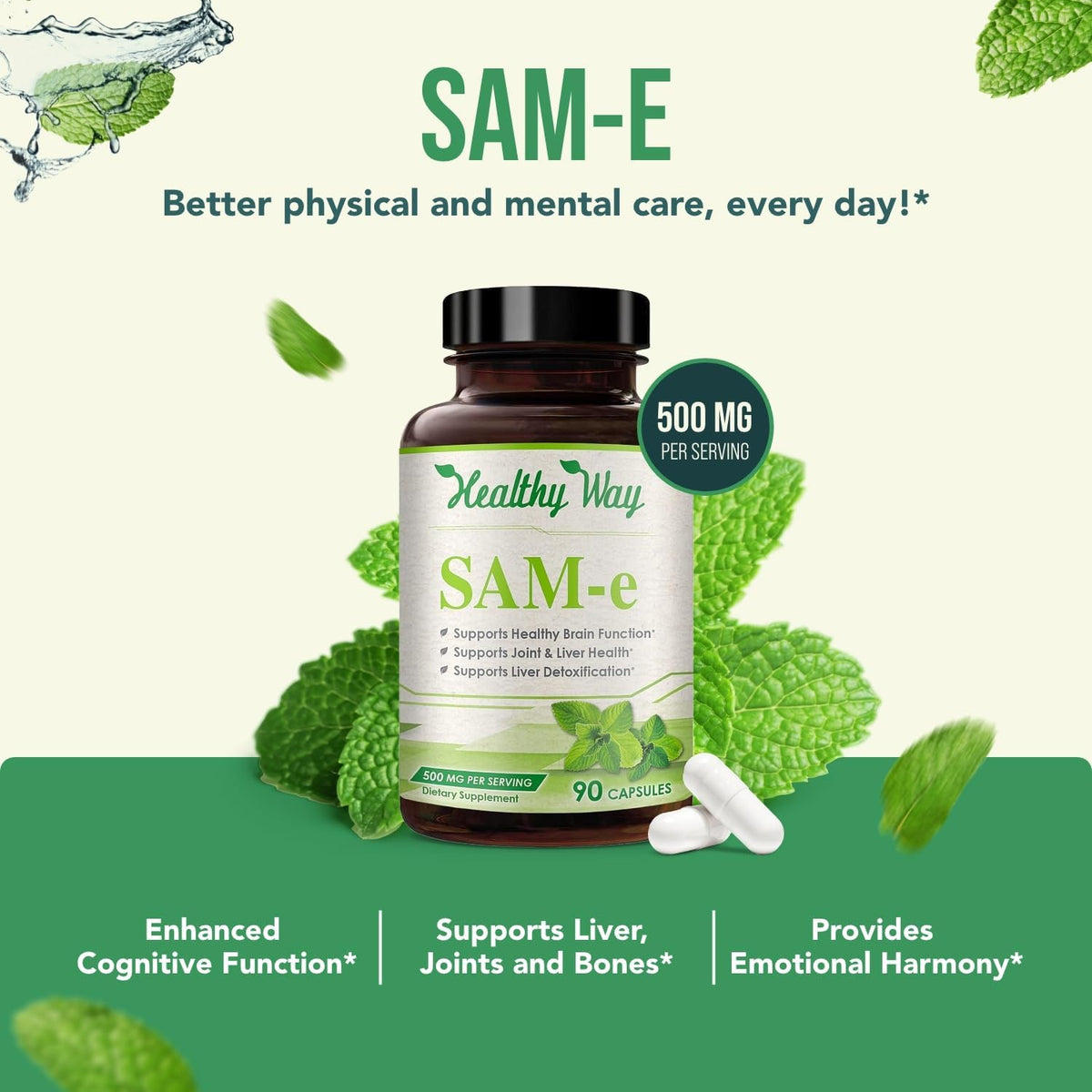 Healthy Way 500mg SAM-e Supplement – High Strength S-Adenosyl-L-Methionine for Joint, Brain, Liver, and Mood Support (90 Capsules) - görsel 3