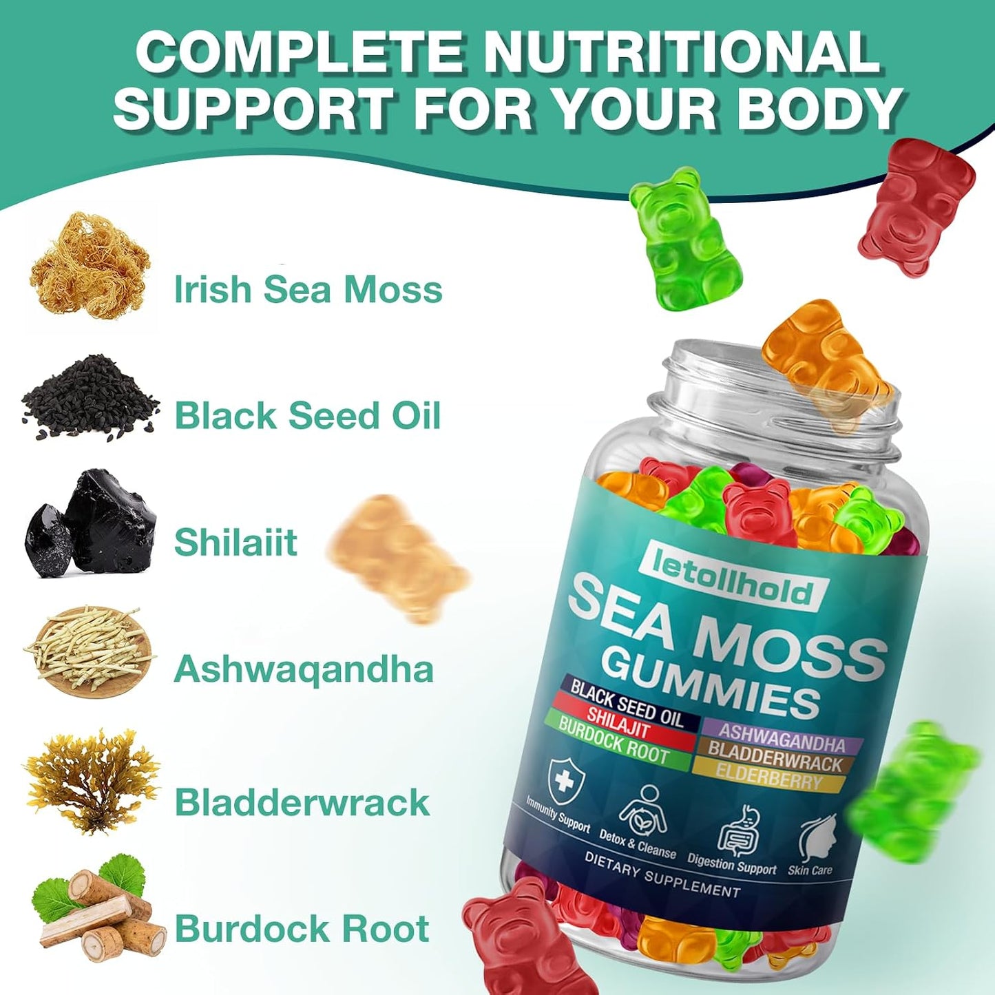 Sea Moss Gummies Advanced – Irish Sea Moss with Ashwagandha, Bladderwrack & Burdock Root (60 Vegan Gummies) - görsel 4