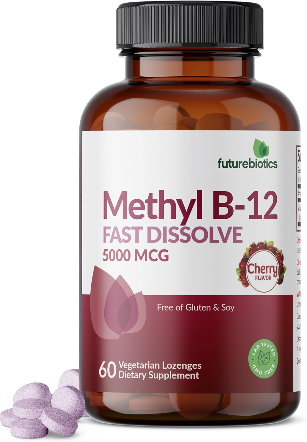 Futurebiotics Methyl B12 5000 mcg Vitamin B12 Methylcobalamin, Cherry Flavour, Non-GMO, 60 Vegetarian Lozenges - görsel 1