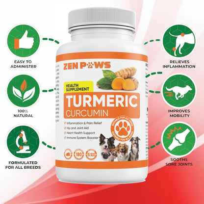 Turmeric Curcumin for Dogs – 180 Duck-Flavoured Tablets – Advanced Hip & Joint Formula with Piperine – Supports Mobility, Inflammatory Response, Skin Health & Immune Function