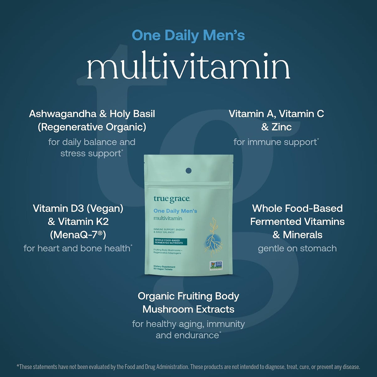 True Grace One Daily Men’s Multivitamin - Fermented Minerals, Organic Adaptogens & Mushrooms - 90 Vegan Tablets - görsel 3