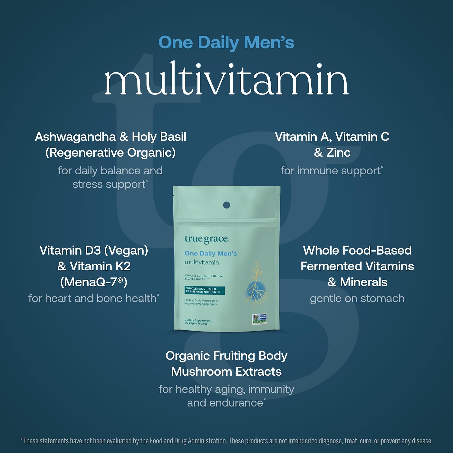 True Grace One Daily Men’s Multivitamin - Fermented Minerals, Organic Adaptogens & Mushrooms - 90 Vegan Tablets - görsel 3