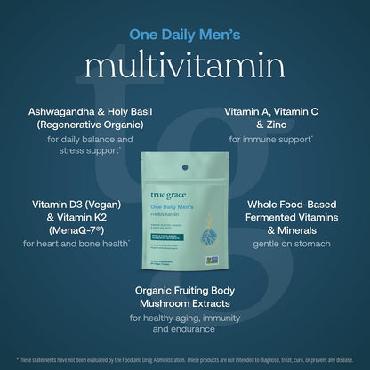 True Grace One Daily Men’s Multivitamin - Fermented Minerals, Organic Adaptogens & Mushrooms - 90 Vegan Tablets