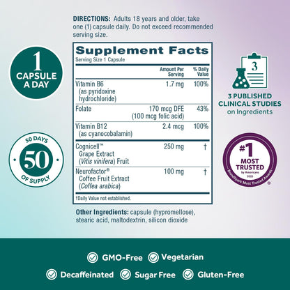 NEURIVA Memory 3D Brain Supplements for Memory and Focus, Vitamin B12 & B6, Folic Acid, 50 Capsules