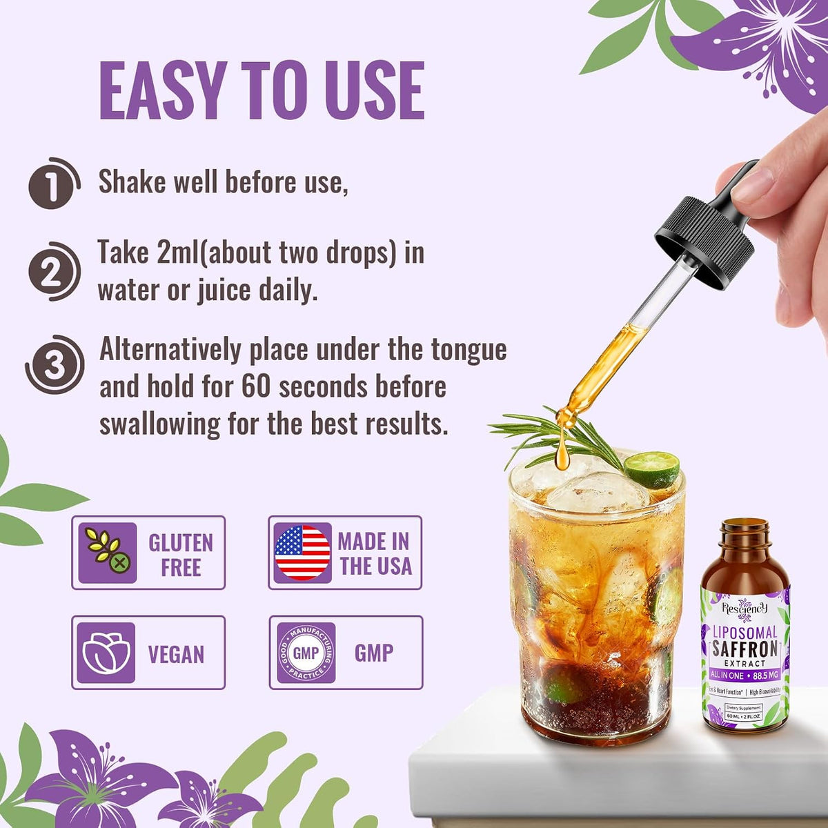 Resciency Liposomal Saffron Supplement Drops 88.5mg – High Bioavailability Liquid Saffron Extract for Mood Support, Energy, Focus & Vision with Ashwagandha, Magnesium, Zinc, B12 & D3, 60 ml - görsel 5