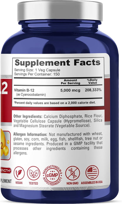 NusaPure Vitamin B12 5000 mcg 150 Veggie Capsules - High Strength, Non-GM, Vegan