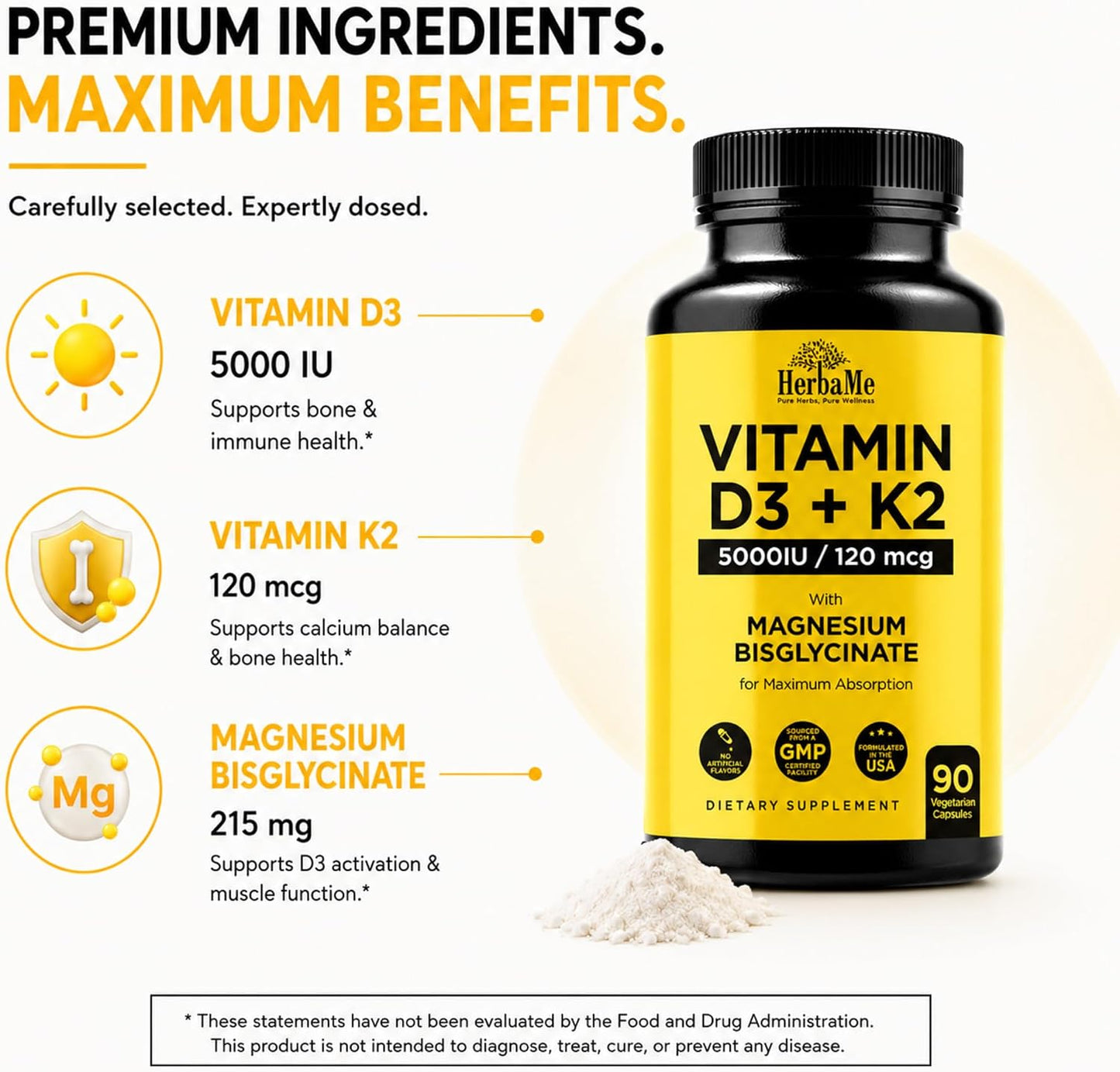 HerbaMe Vitamin D3 5000 IU + K2 with Magnesium Bisglycinate - Bone, Muscle & Immune Support - 90 Capsules - görsel 7