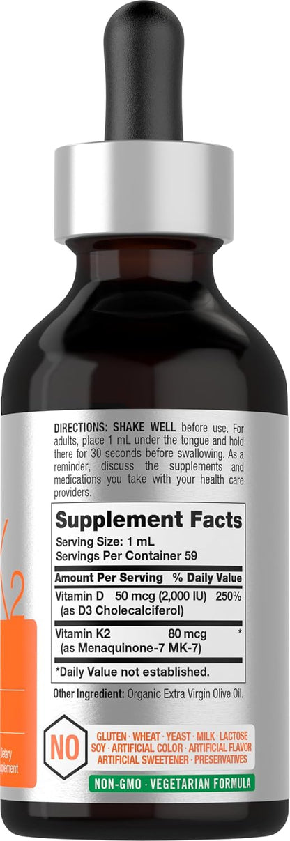 Horbäach Vitamin D3 & K2 Liquid Drops | with MK-7 | 60 ml | Vegetarian, Non-GMO, Gluten-free Food Supplement