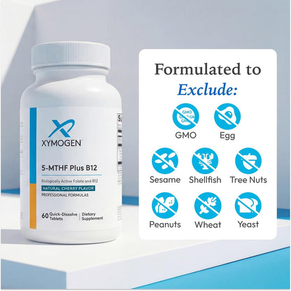 XYMOGEN 5-MTHF Plus B12 – Biologically Active Folate & Methyl B12 Supplement – Cherry Flavour – 60 Quick-Dissolve Tablets
