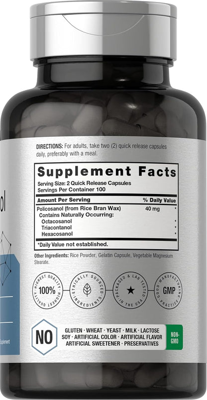Horbäach Policosanol 40mg, 200 Capsules – Non-GMO & Gluten-free Supplement