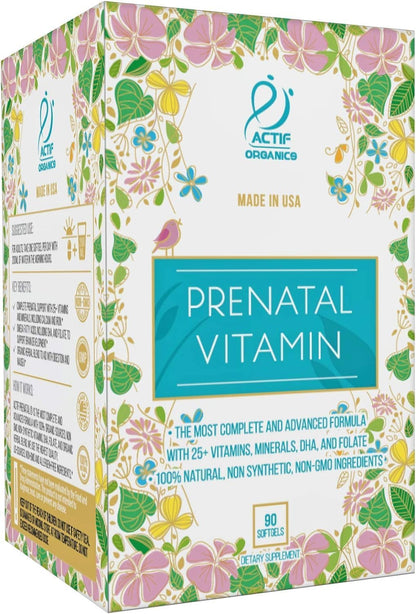 ACTIF Organic Prenatal Vitamin with 25+ Organic Vitamins, DHA, EPA, Omega-3, and Organic Herbal Blend - 90 Capsules