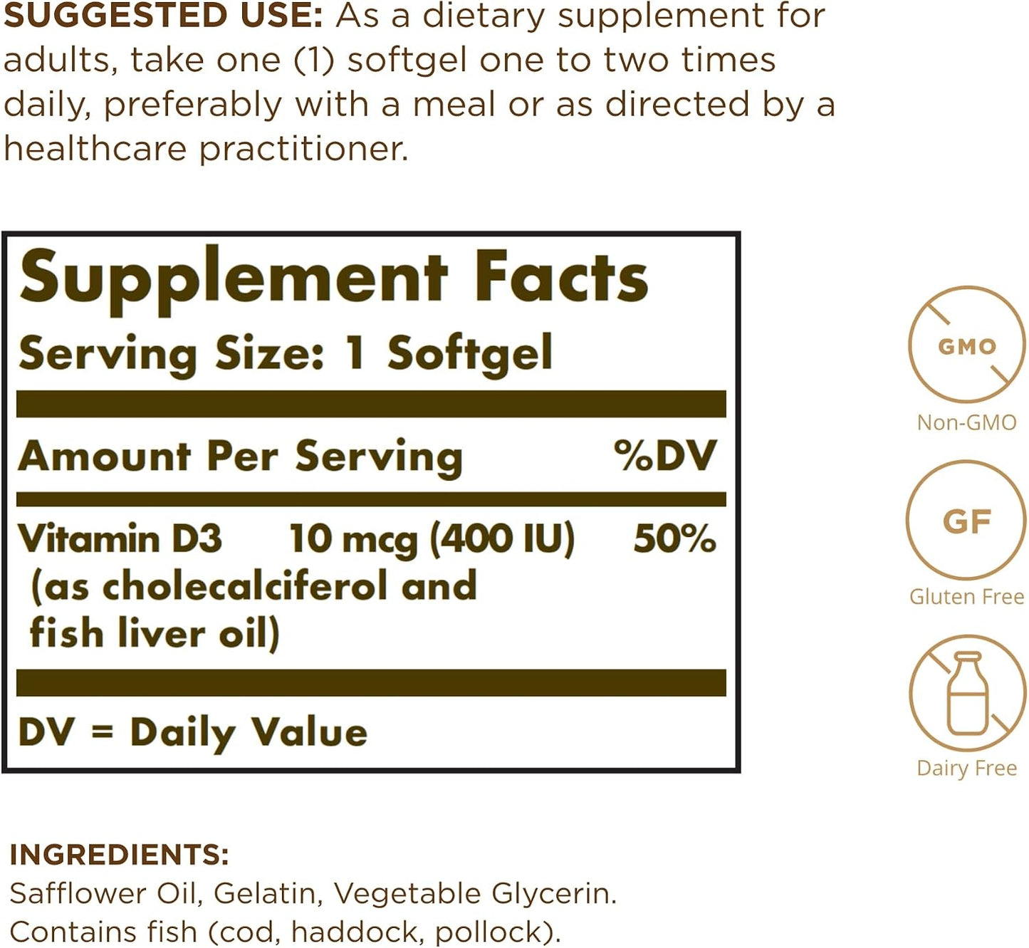 Solgar Vitamin D3 (Cholecalciferol) 10 µg (400 IU) – 100 Softgels - görsel 2