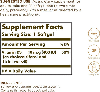 Solgar Vitamin D3 (Cholecalciferol) 10 mcg (400 IU) Softgels, 250 Softgels