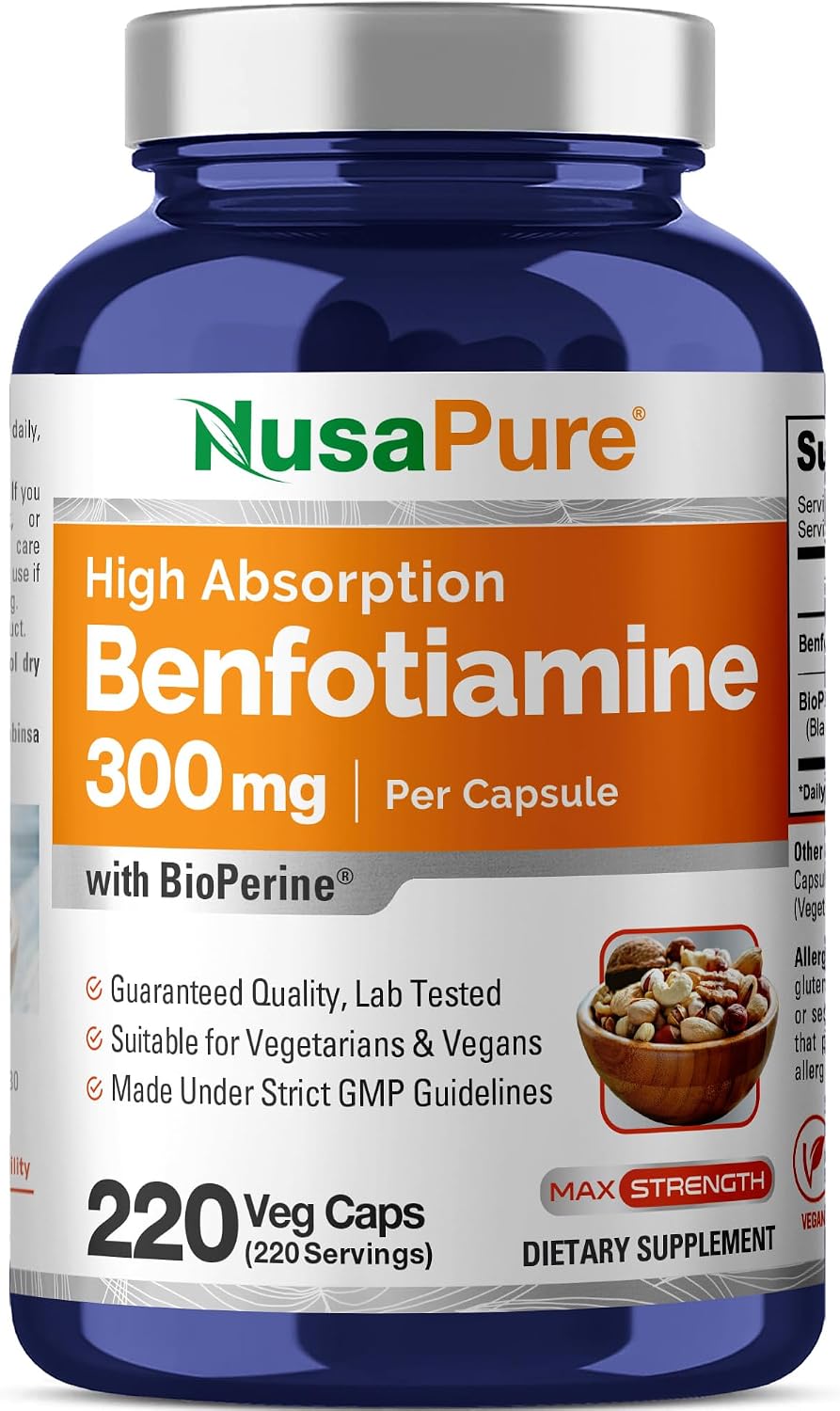 NusaPure Benfotiamine 300mg - Vitamin B1 Supplement with Bioperine, 220 Veggie Capsules - görsel 1