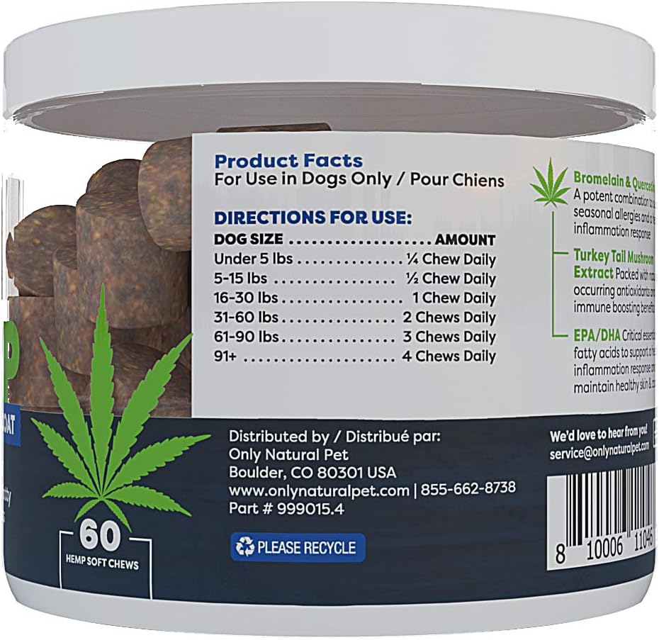 Only Natural Pet Allergy, Skin & Coat Hemp Soft Chews - Allergy Immune Bites for Dogs, Omega-3 Supplement, Calming Treats for Itchy Skin Relief, Hot Spot - (60 Chews) - görsel 7