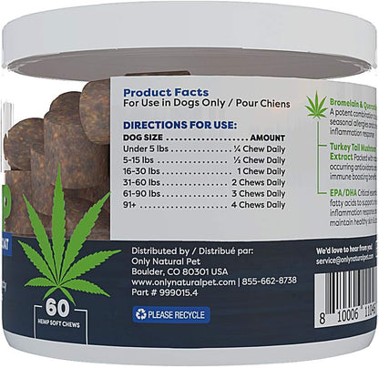 Only Natural Pet Allergy, Skin & Coat Hemp Soft Chews - Allergy Immune Bites for Dogs, Omega-3 Supplement, Calming Treats for Itchy Skin Relief, Hot Spot - (60 Chews)