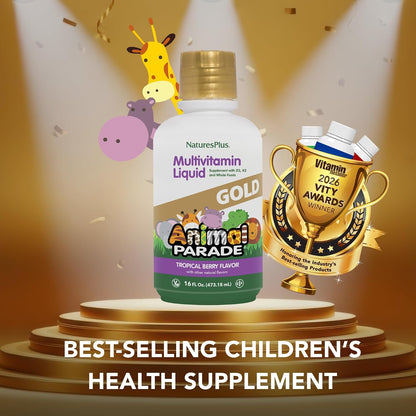 NaturesPlus Animal Parade Gold Children's Liquid Multivitamin, Natural Tropical Berry - 30 fl oz (887 ml) per bottle, Pack of 2