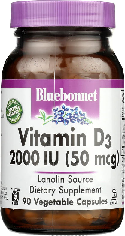 Bluebonnet Vitamin D3 2000 IU Vegetable Capsules, 90 Capsules