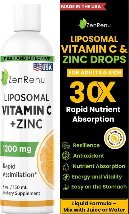 Liposomal Vitamin C and Zinc Liquid Drink for Adults & Children - Non-GMO Sunflower Lecithin - Maximum Antioxidant & Immune Support, 150 ml