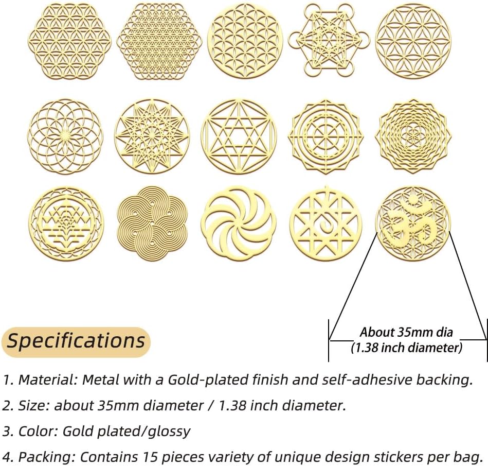 15 Flower of Life Orgonite Metal Stickers - Sacred Geometry Gold-Plated Decals for Energy Towers and Crafts (Gold) - görsel 3