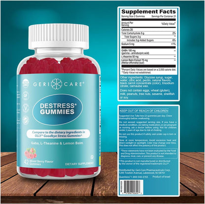 GeriCare DeStress Gummies with GABA, L-Theanine & Lemon Balm – Mixed Berry – 42 Count – Supports Relaxation & Mental Clarity – Image 5