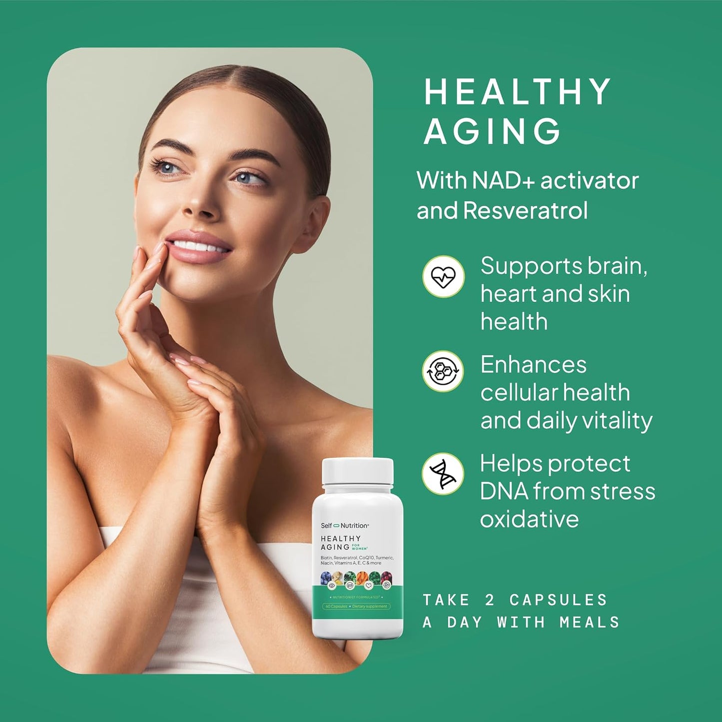 SELF NUTRITION NAD+ Resveratrol Supplement for Women – Healthy Ageing Formula with CoQ10, Biotin, Turmeric & Vitamins A, C, E – Supports Energy, Skin & Longevity – 60 Capsules. Made in the USA. - görsel 7