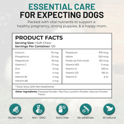 Dog Vitamins and Supplements - Chewable Prenatal Vitamins for Large and Small Breeds - Multivitamin for Health Support and Development - 120 Soft Chews